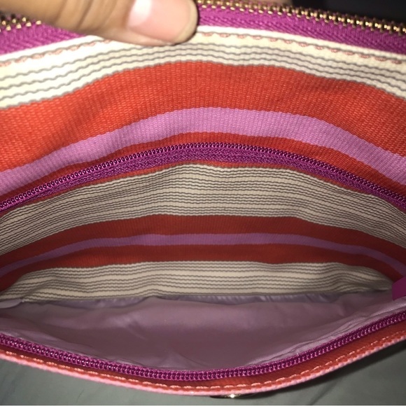 FOSSIL Coated Canvas Zip Top Crossbody Shoulder Bag Pink & Orange Stripe - Picture 4 of 5